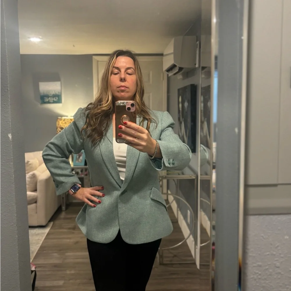 L'AGENCE Chamberlain Herringbone Mint Blue Green Blazer - Picture 10 of 15